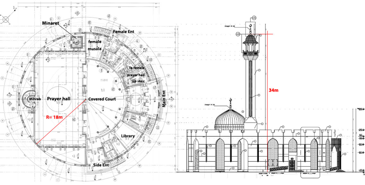 Circular mosque prototype - plan and elevation drawing